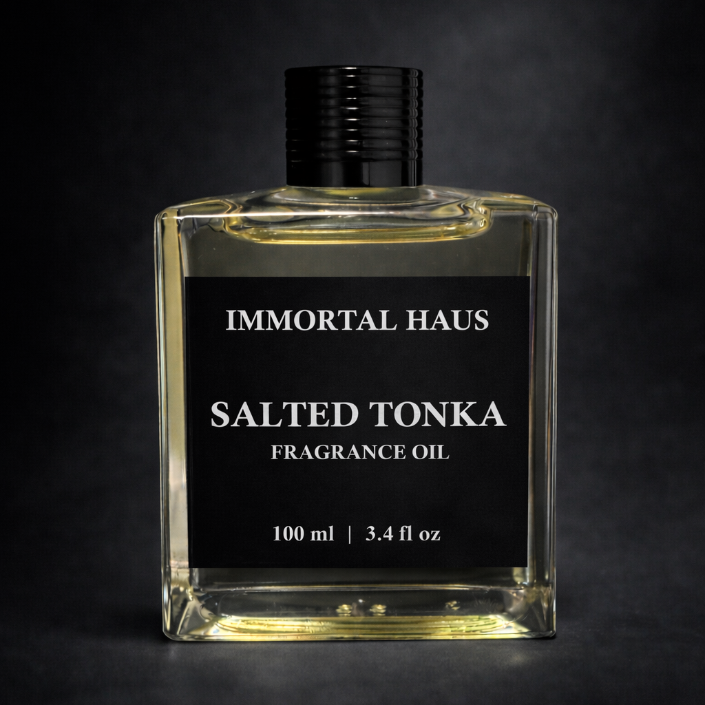 Immortal Haus Salted Tonka fragrance oil bottle on a dark background
