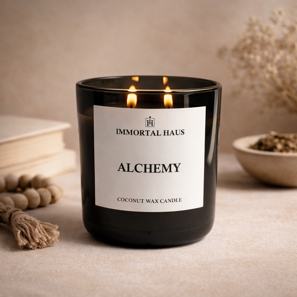 Alchemy luxury coconut wax candle, amber and plum scent, 12oz with two cotton wicks.