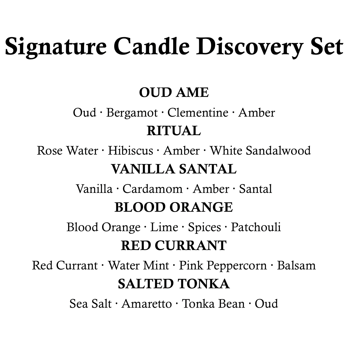 List of candle scents in a Signature Candle Discovery Set on a white background