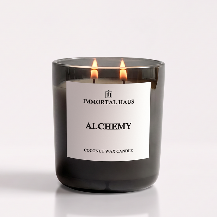 Alchemy luxury coconut wax candle, amber and plum scent, 12oz with two cotton wicks.