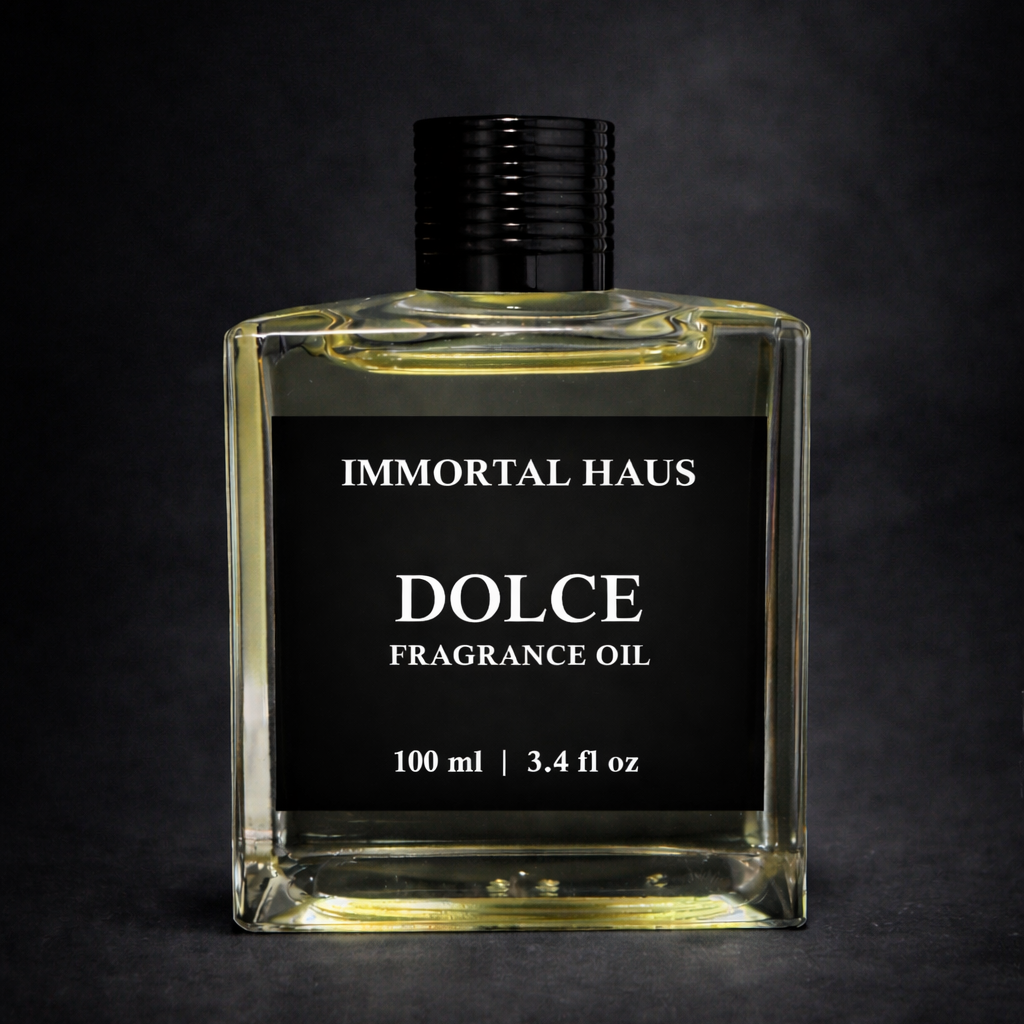 Dolce fragrance oil bottle by Immortal Haus on a dark background