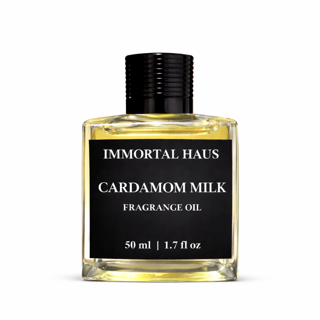 Fragrance oil bottle labeled Cardamom Milk by Immortal Haus on a white background