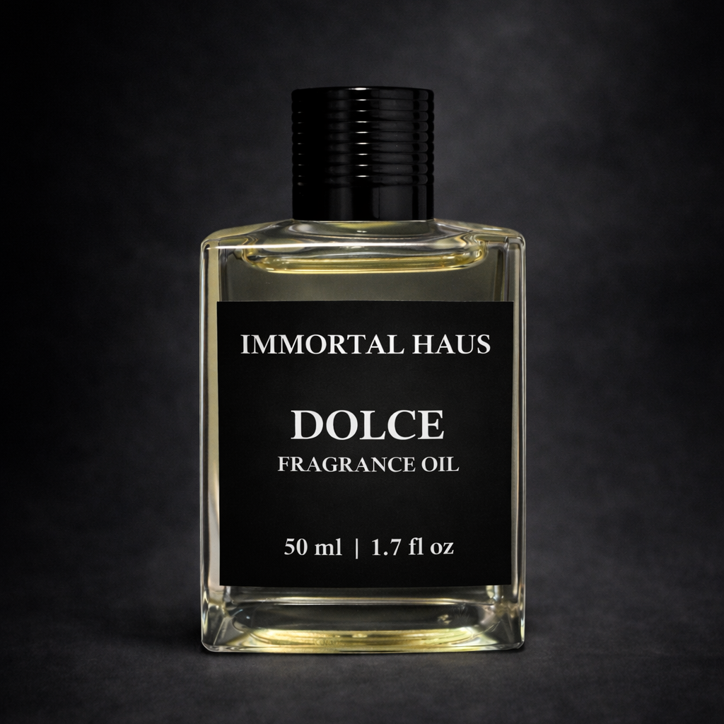 Immortal Haus Dolce fragrance oil bottle on a dark background