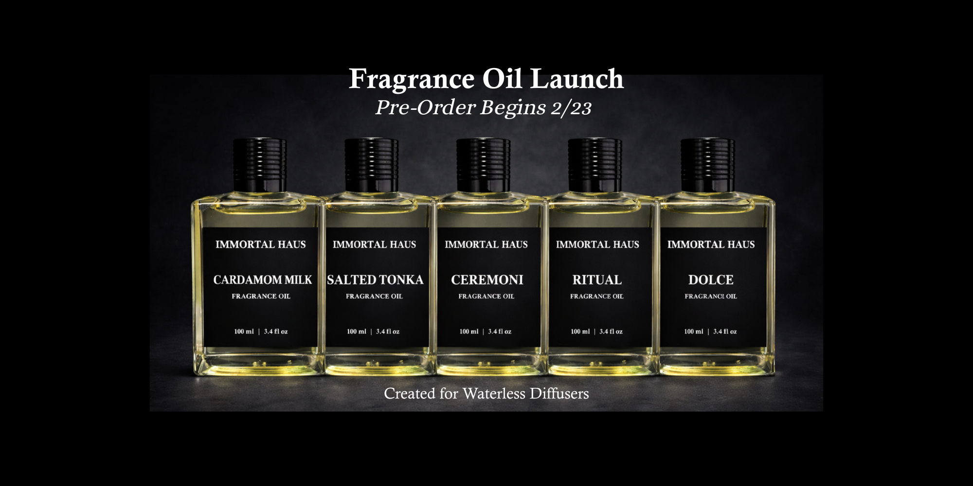 Five bottles of Immortal Haus fragrance oils on a black background.