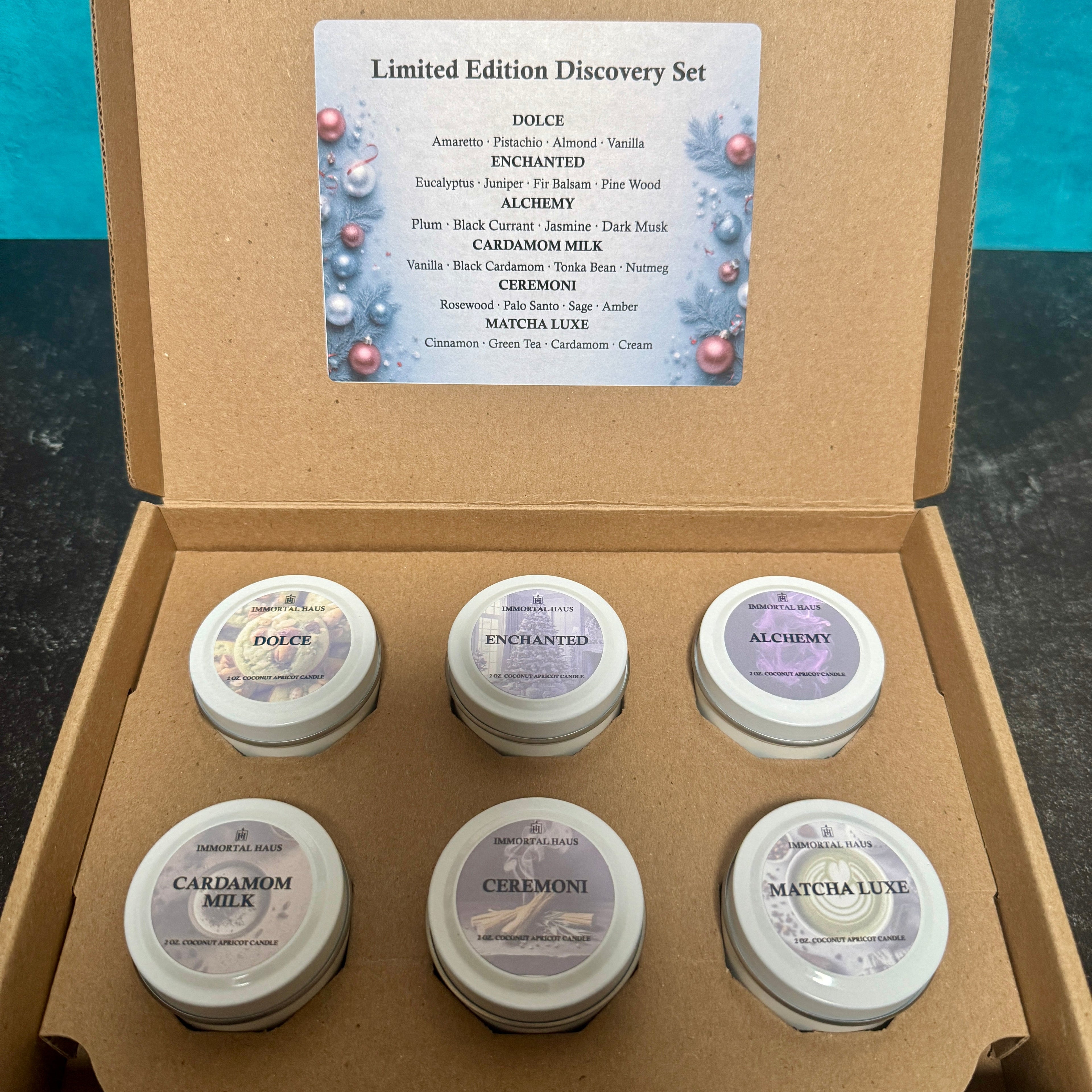 Set of six 2 oz tins in a set with a product information card on a blue background.