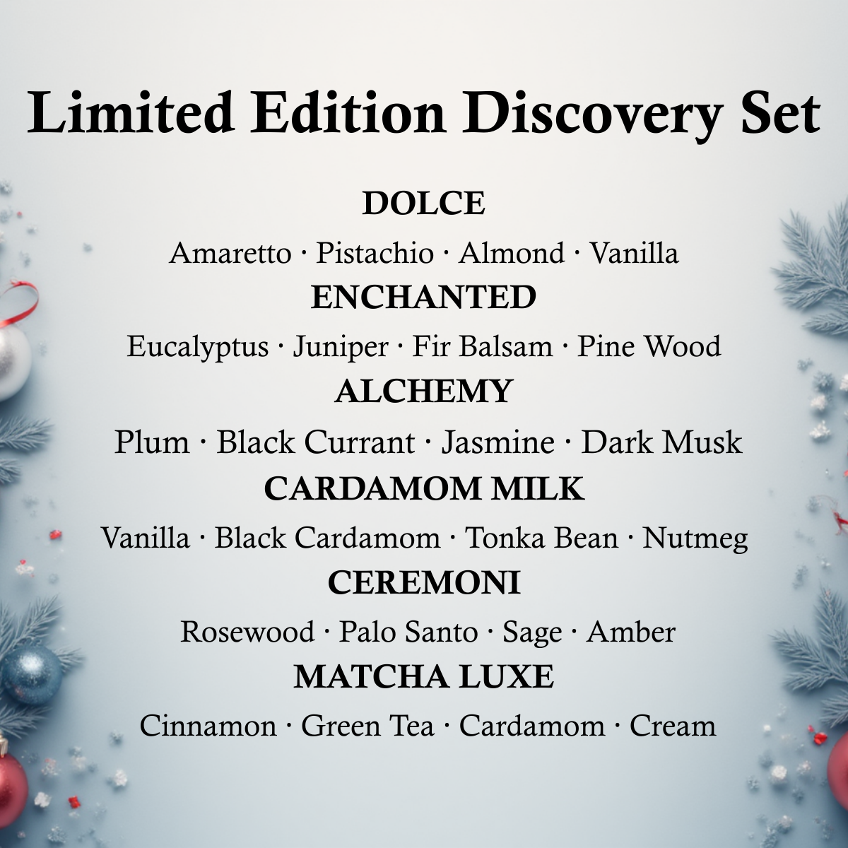 Product line-up with scents for a limited edition discovery set on a decorative background.