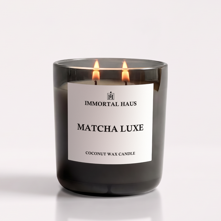 Matcha Luxe luxury coconut wax candle, green tea, cardamom, and cream scent, 12oz with two cotton wicks.