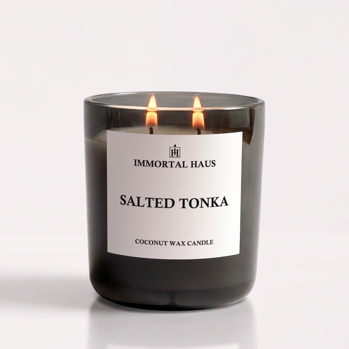 Salted Tonka luxury coconut wax candle, sea salt and tonka bean scent, 12oz with two cotton wicks.