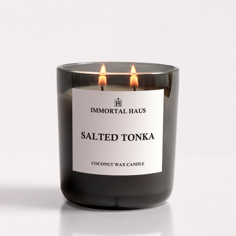 Salted Tonka luxury coconut wax candle, sea salt and tonka bean scent, 12oz with two cotton wicks.