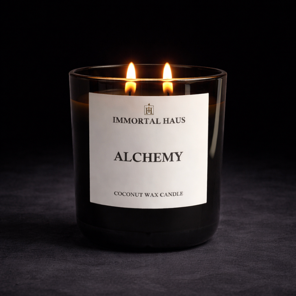 Alchemy luxury coconut wax candle, amber and plum scent, 12oz with two cotton wicks.