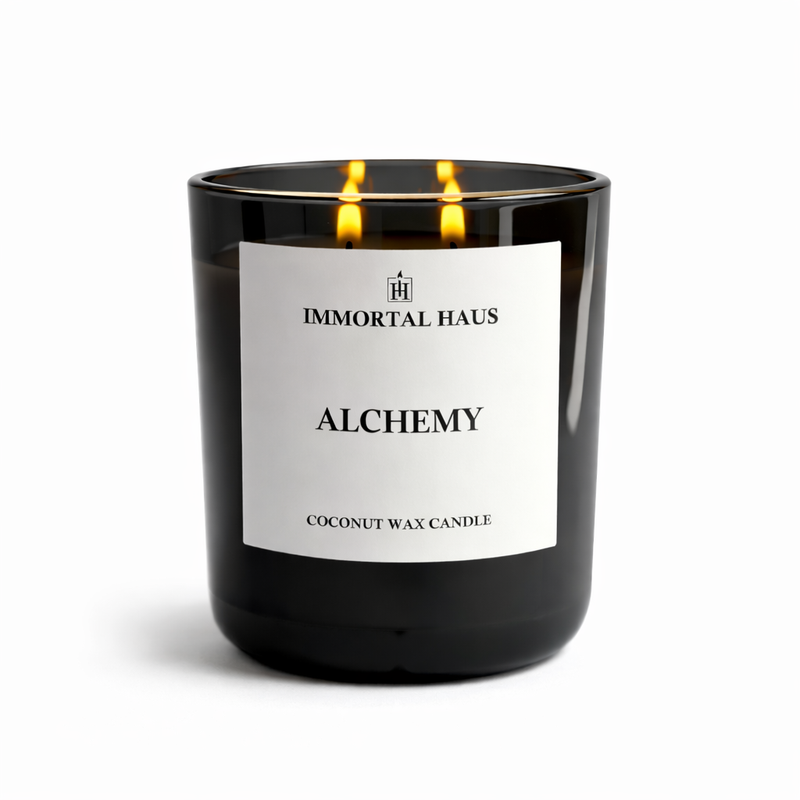 Alchemy luxury coconut wax candle, amber and plum scent, 12oz with two cotton wicks.