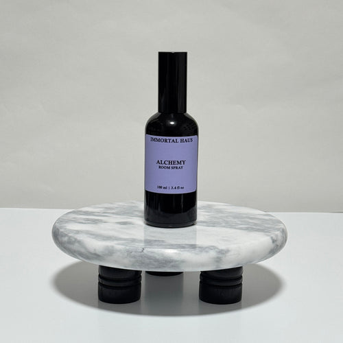 Alchemy room and linen spray in black glass bottle, plum, amber, and black tea scent, 3.4oz
