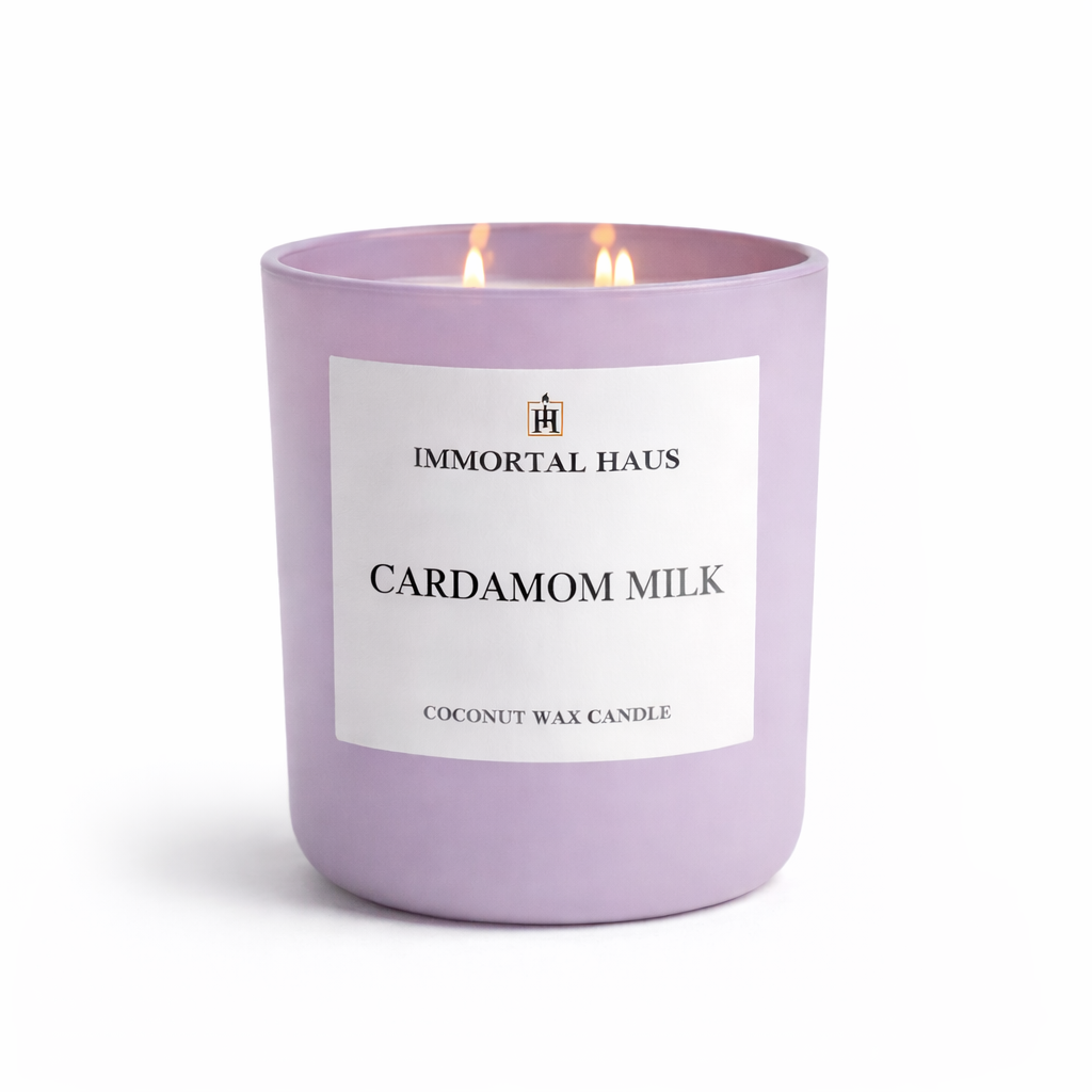 Cardamom Milk luxury coconut wax candle, black cardamom, vanilla and tonka bean scent, 12oz with two cotton wicks. lilac vessel