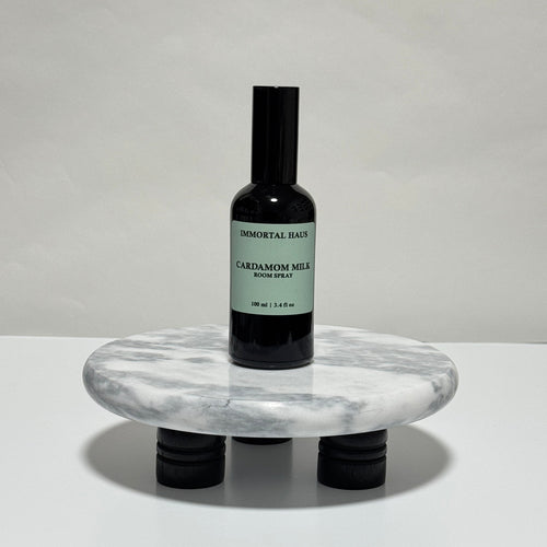 Cardamom Milk room and linen spray in black glass bottle, black cardamom, tonka bean, and vanilla scent, 3.4oz