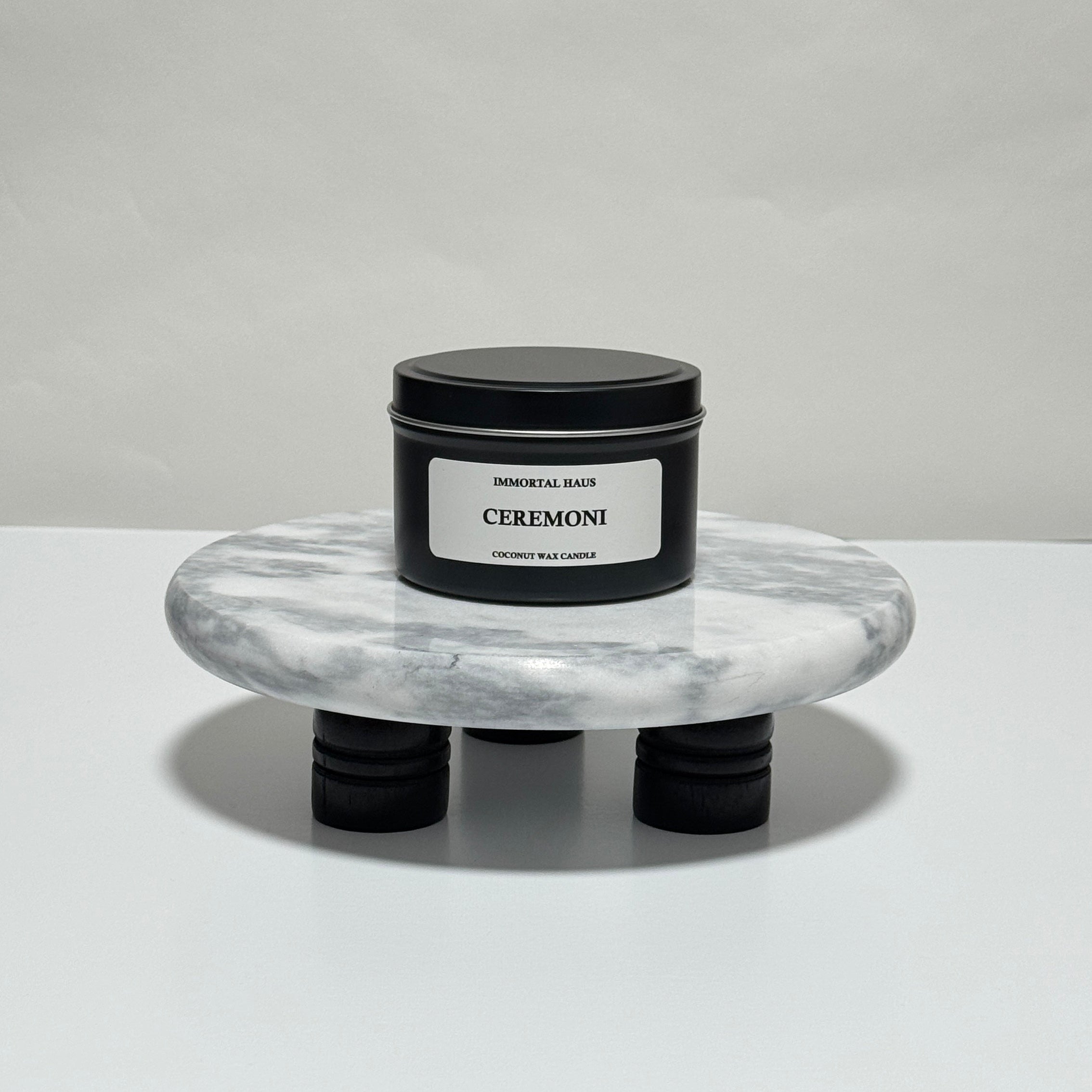 Ceremoni travel candle in charcoal gray tin, palo santo, sage and rosewood scent, 6.3 oz single wick