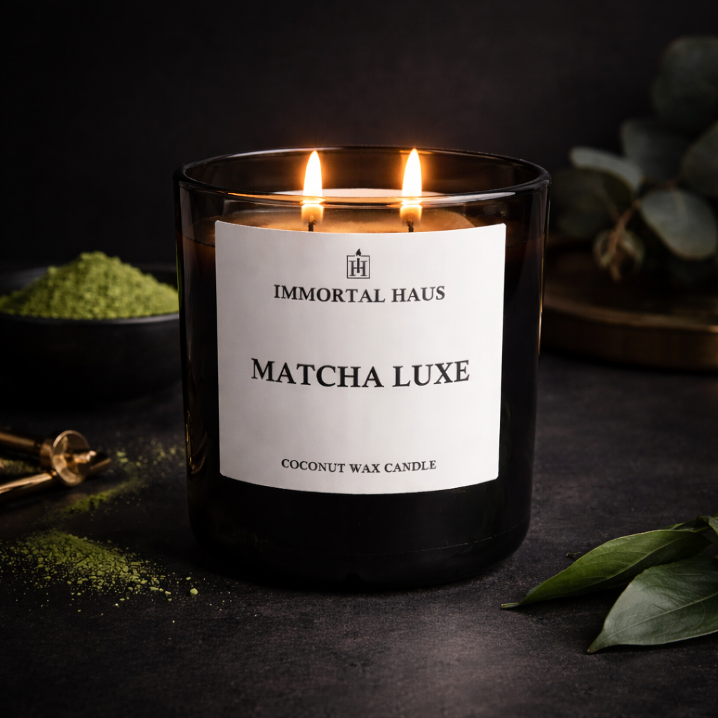 Matcha Luxe luxury coconut wax candle, green tea, cardamom, and cream scent, 12oz with two cotton wicks.