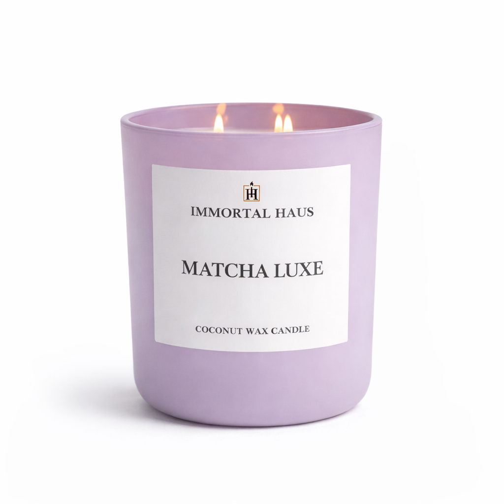 Matcha Luxe luxury coconut wax candle, green tea, cardamom, and cream scent, 12oz with two cotton wicks. lilac vessel