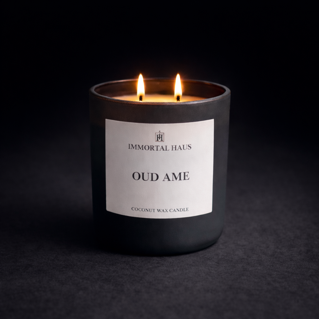 Oud Ame luxury coconut wax candle, oud, citrus and  amber scent, 12oz with two cotton wicks.