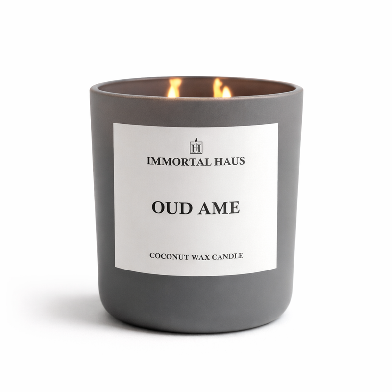 Oud Ame luxury coconut wax candle, oud, citrus and  amber scent, 12oz with two cotton wicks.