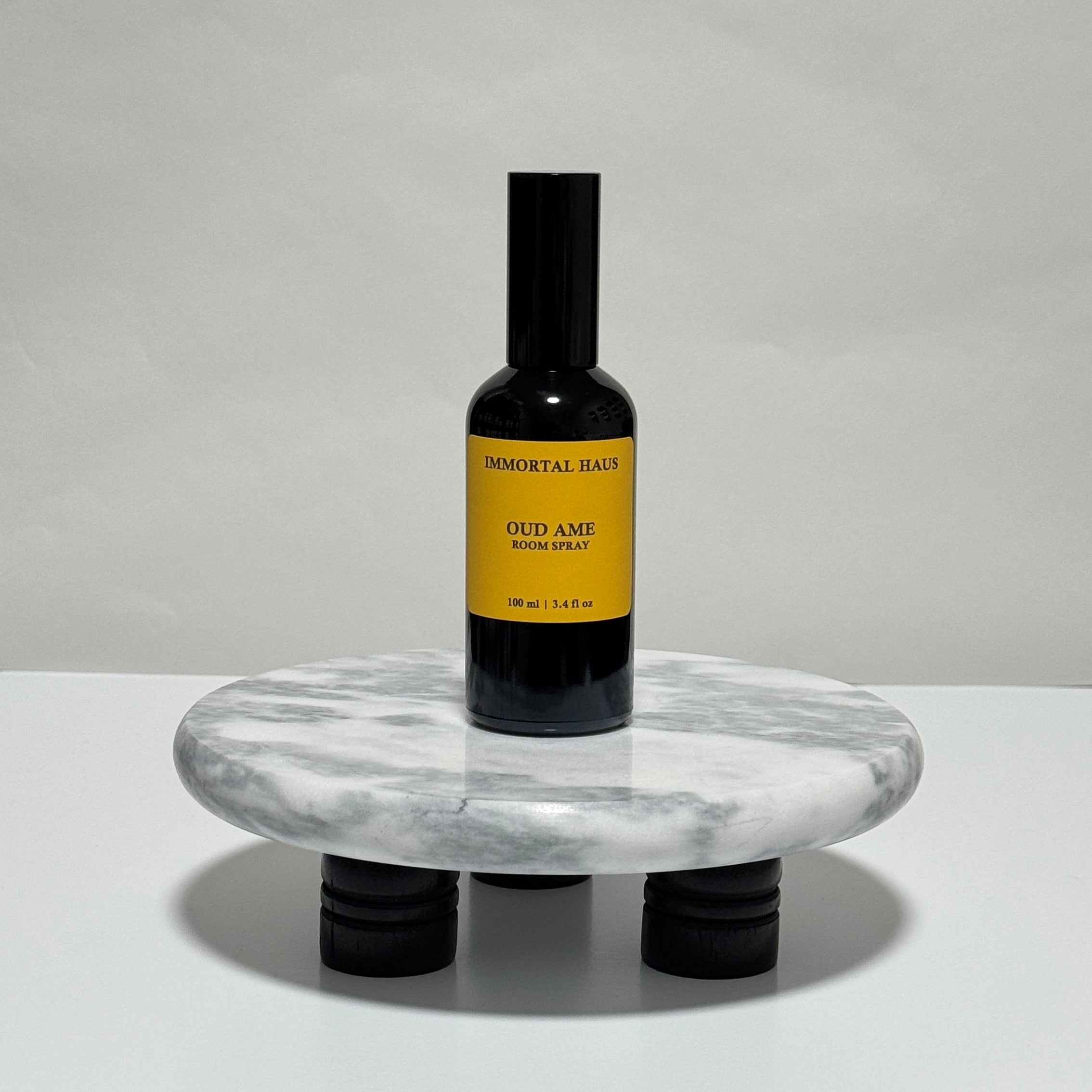 Oud Ame room and linen spray in black glass bottle, oud, violet and amber scent, 3.4oz