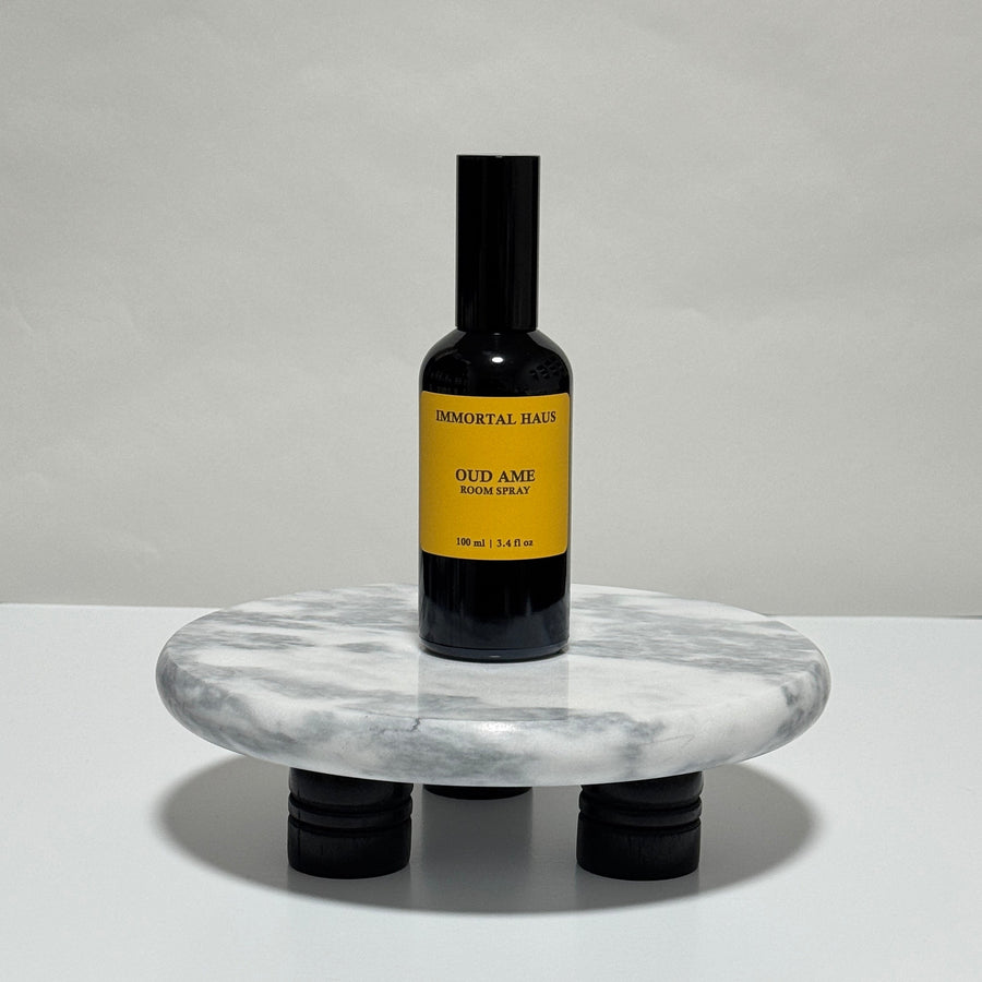 Oud Ame room and linen spray in black glass bottle, oud, violet and amber scent, 3.4oz