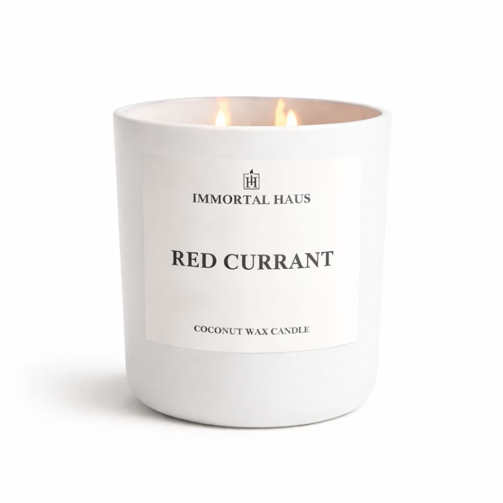 Red Currant luxury coconut wax candle, red currant, pink peppercorn and balsam scent, 12oz with two cotton wicks.