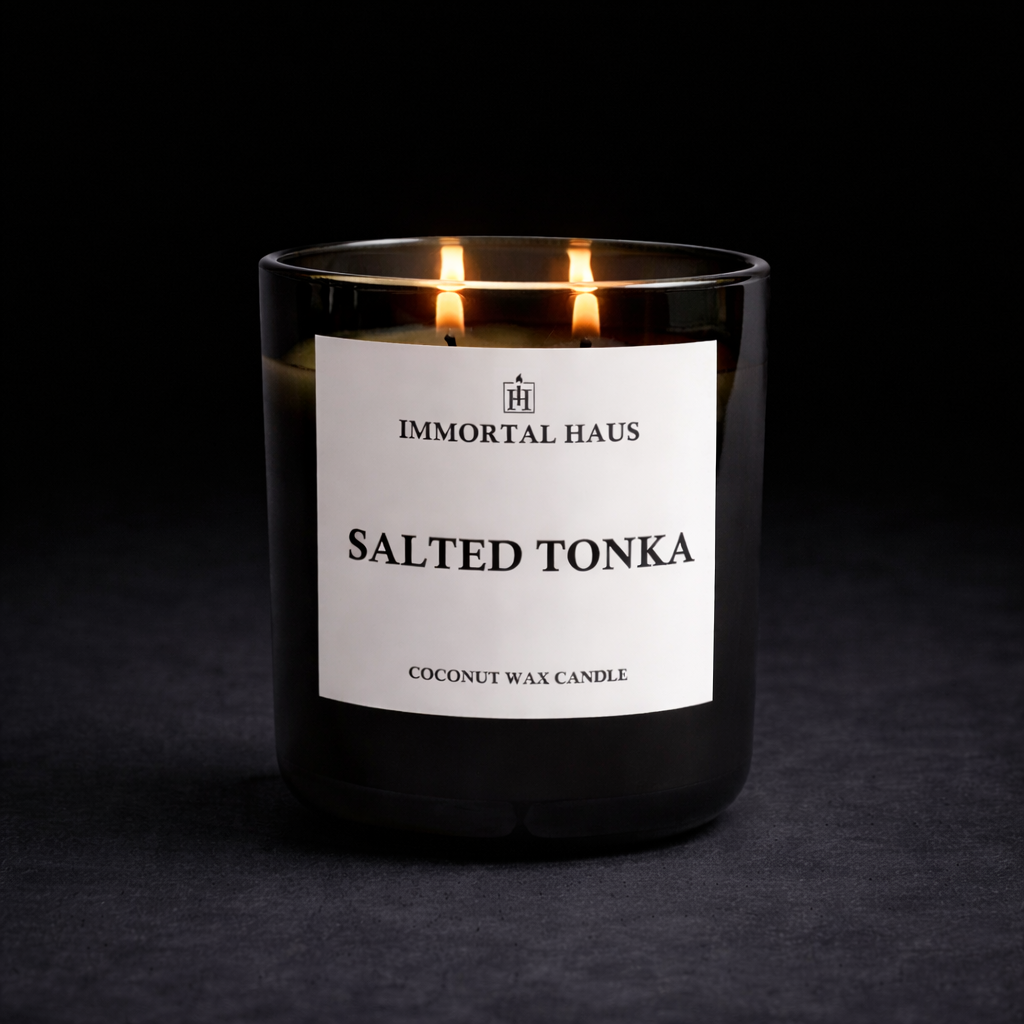 Salted Tonka luxury coconut wax candle, sea salt and tonka bean scent, 12oz with two cotton wicks.