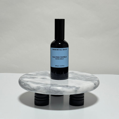 Salted Tonka room and linen spray in black glass bottle, sea salt, tonka bean, and amber scent, 3.4oz