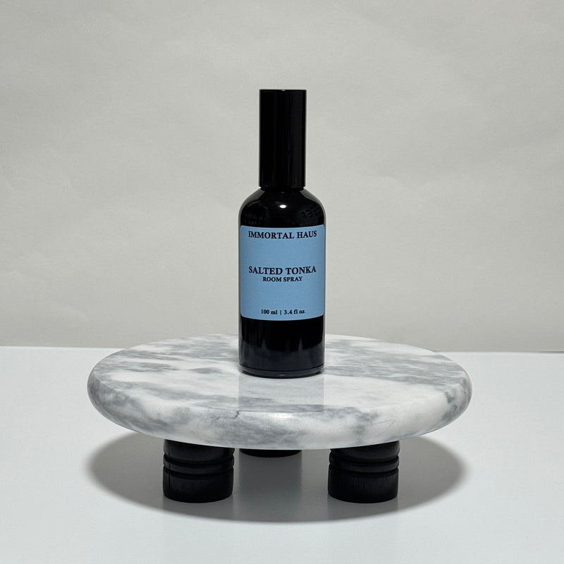 Salted Tonka room and linen spray in black glass bottle, sea salt, tonka bean, and amber scent, 3.4oz