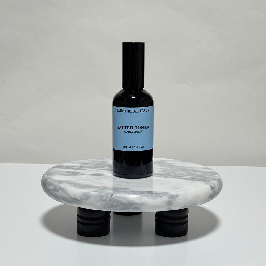 Salted Tonka room and linen spray in black glass bottle, sea salt, tonka bean, and amber scent, 3.4oz