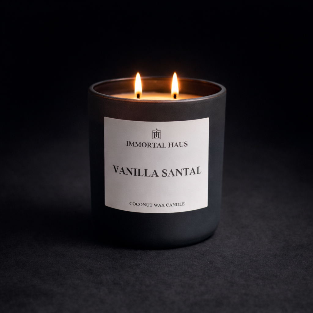Vanilla Santal candle styled in a room, vanilla and jasmine home fragrance.