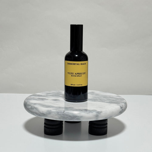 Yuzu Apricot room and linen spray in black glass bottle, yuzu, apricot, and hinoki scent, 3.4oz